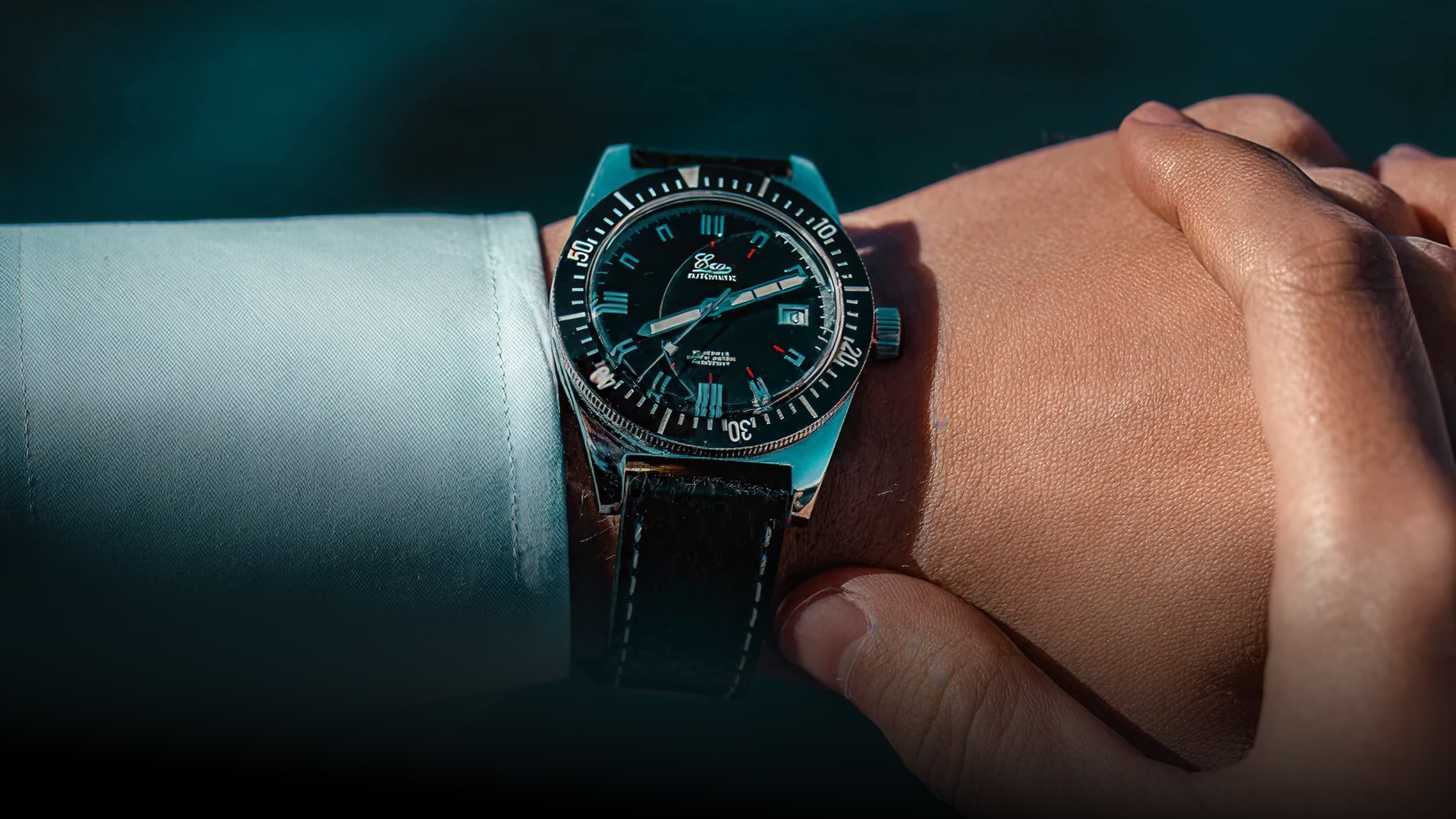 A wristwatch worn on the wrist with a hand adjusting it